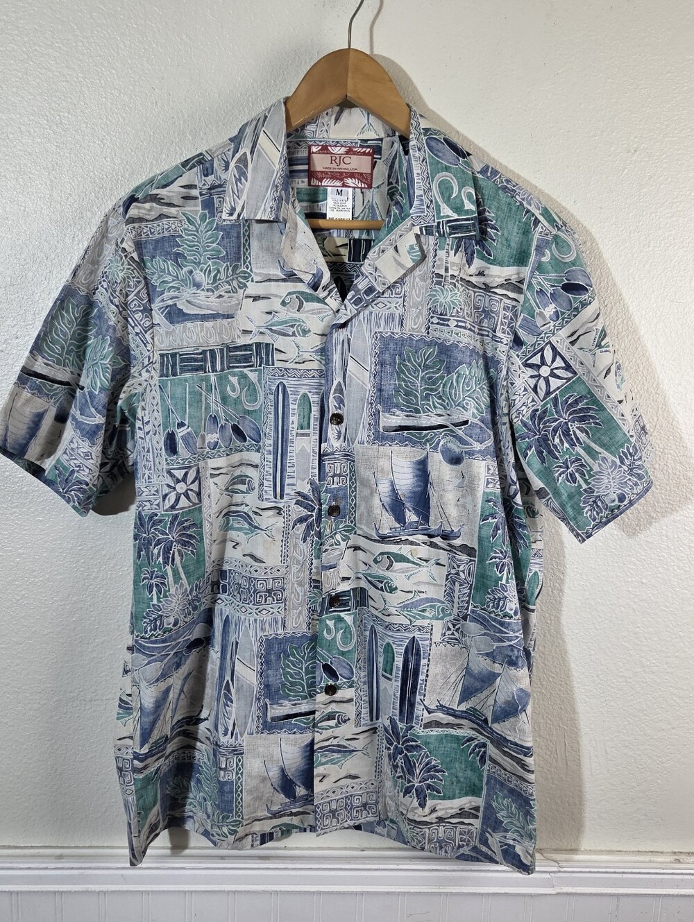 Vintage RJC Hawaiian Shirt Mens M Made In Hawaii Fishing Surf Tiki Aloha Camp